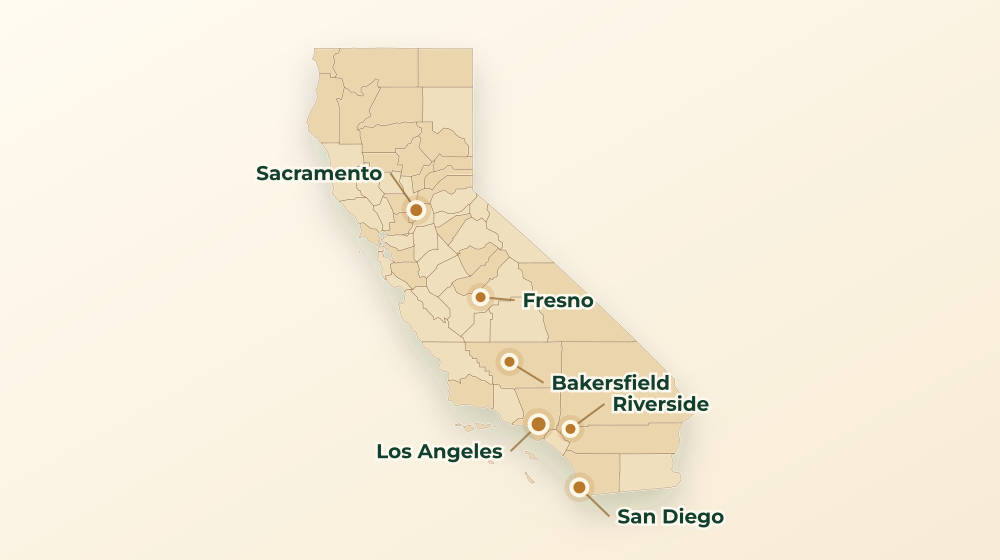 Accurate California land service area map with county boundaries and major city labels